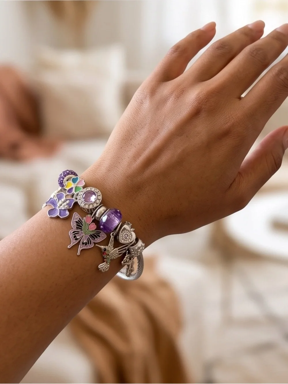 Silver Butterfly Charm Bracelet with Purple Crystal Bead